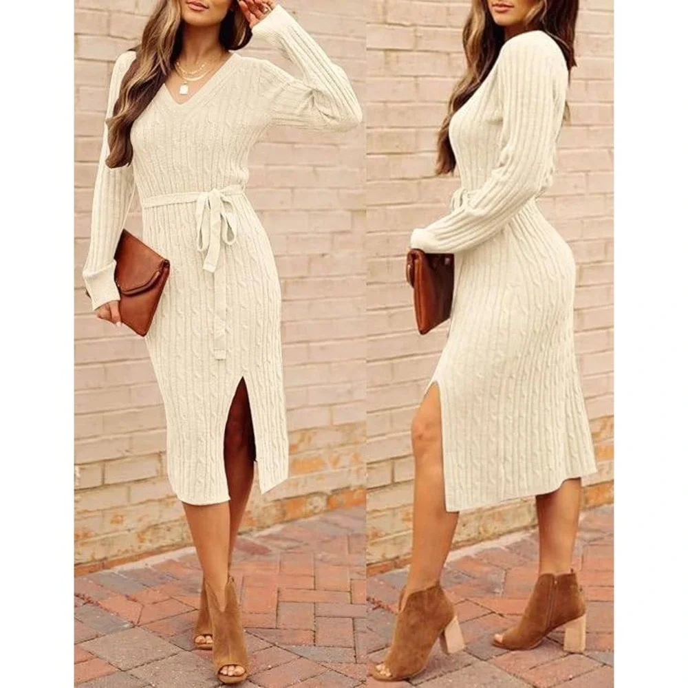 MEROKEETY Women Cable Knit Sweater Dress‎ V Neck Long Sleeve Belted Midi Dress